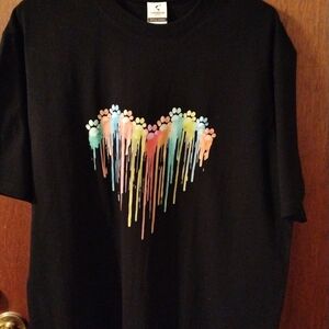Black T-Shirt with Colorful Pawprint Heart Design XL